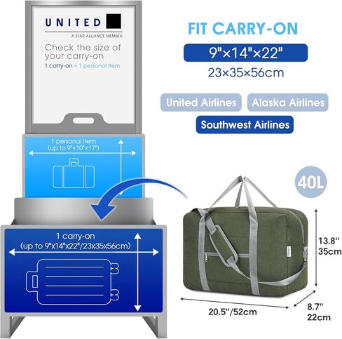 For Spirit Airlines Personal Item Bag 18x14x8 Foldable Travel Duffel Bag Underseat Carry on Luggage for Women and Men 30L (Black) in Kuwait