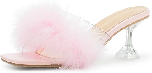 صنادل Heiyom النسائية ذات المقدمة المربعة والكعب العالي والكعب العالي والصنادل ذات الريش المنفوش سهلة الارتداء بكعب عالٍ شفاف وحفلات الزفاف والحفلات الوردية 38 US7 in Kuwait