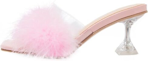 صنادل Heiyom النسائية ذات المقدمة المربعة والكعب العالي والكعب العالي والصنادل ذات الريش المنفوش سهلة الارتداء بكعب عالٍ شفاف وحفلات الزفاف والحفلات الوردية 38 US7 in Kuwait