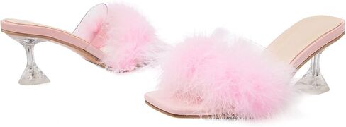 صنادل Heiyom النسائية ذات المقدمة المربعة والكعب العالي والكعب العالي والصنادل ذات الريش المنفوش سهلة الارتداء بكعب عالٍ شفاف وحفلات الزفاف والحفلات الوردية 38 US7 in Kuwait