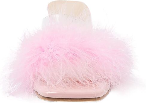 صنادل Heiyom النسائية ذات المقدمة المربعة والكعب العالي والكعب العالي والصنادل ذات الريش المنفوش سهلة الارتداء بكعب عالٍ شفاف وحفلات الزفاف والحفلات الوردية 38 US7 in Kuwait