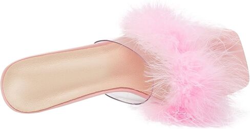 صنادل Heiyom النسائية ذات المقدمة المربعة والكعب العالي والكعب العالي والصنادل ذات الريش المنفوش سهلة الارتداء بكعب عالٍ شفاف وحفلات الزفاف والحفلات الوردية 38 US7 in Kuwait