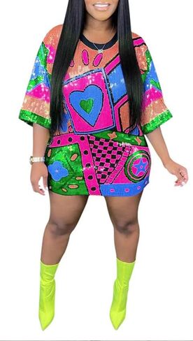 Womens Sequin Glitter Shirt Dress - Sexy Floral Letter Print 3/4 Sleeve Mini Dresses for Party Club in Kuwait