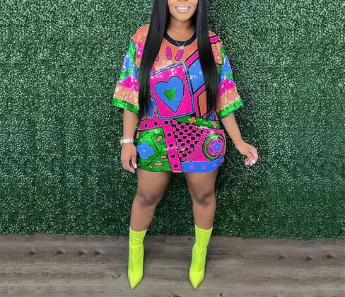 Womens Sequin Glitter Shirt Dress - Sexy Floral Letter Print 3/4 Sleeve Mini Dresses for Party Club in Kuwait