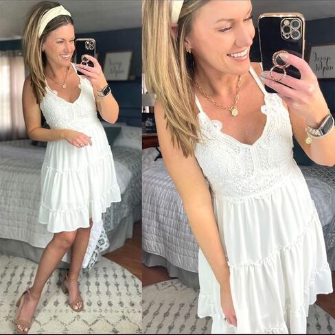 فساتين صيفية نسائية كاجوال برقبة على شكل حرف V فستان قصير من الدانتيل فستان قصير للشاطئ فستان الشمس in Kuwait