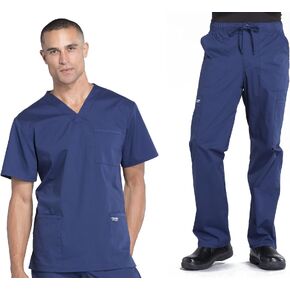 Men Scrubs Set Workwear Professionals WW695 V-Neck Top & WW190 Tapered Leg Fly Front Cargo Pant, Navy- S Top/S Pant in Saudi Arabia