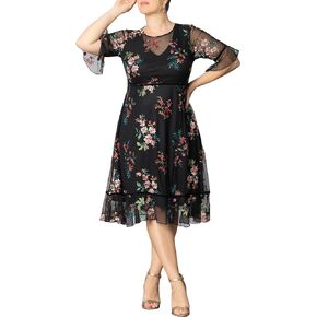 Kiyonna Plus Size Wildflower Midi Embroidered Cocktail Dress | Formal Dress for Party, Wedding Guest, or Special Occasion