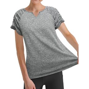 Women's Yoga Top Short Sleeve V-Neck Pleated Shirt Loose fit Athletic Moisture Wicking Casual Tunic Summer Top