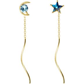 SLUYNZ 925 Sterling Silver Blue Crystal Star Moon Dangle Earrings Chain for Women Teen Girls Star Dangling Earrings Threader Tassel
