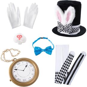 قبعة رأس على شكل أرنب أبيض زي أرنب عيد الفصح أرنب الأنف جوارب الأرنب الأزرق ربطة عنق قفازات الأرنب زي الملحقات 6 قطع in Kuwait