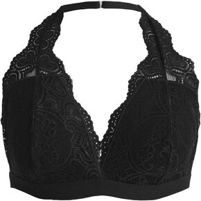 OYOANGLE Women's Plus Size Floral Lace Halter Bralette Scallop Trim Wireless Bra