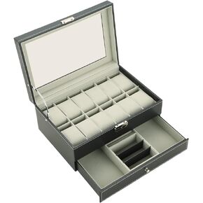 ميايل حافظة ساعات من 12 فتحة مع درج منظم مجوهرات للنساء والرجال، صندوق جمع الساعات من جلد البولي يوريثين مع غطاء زجاجي ووسائد قابلة للازالة، صندوق منظم ساعات بطبقتين للتخزين والعرض in Kuwait