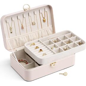 Vlando Lockable Jewelry Box,Faux Leather Jewelry Organizer for Women,Medium Jewelry Case Storage with 2 Drawn,Earrings Necklace Boxes Gift Box Packaging White