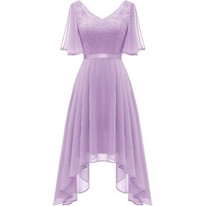BeryLove Women's Lace Formal Dresses for Teens Elegant V Neck Flutter Sleeve Hem Asymmetrical Vintage Cocktail Prom Dress