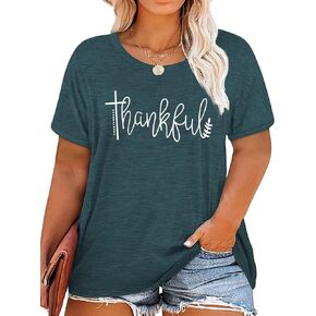Plus Size Thanksgiving Tshirts Women Thankful Graphic Letter Print T-Shirt Casual Short Sleeve Tee Tops in Kuwait