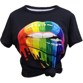 Womens 80s T-Shirt Print Casual Color Lips Graphic Tees Short Sleeve Summer Tops with Funny Graphic