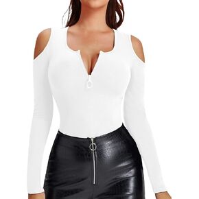 HERLOLLYCHIPS Womens Long Sleeve Tops Cold Shoulder Scoop Neck Zipper Front Fitted Shirts