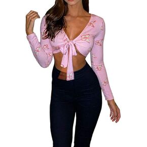 Women's Sexy Long Sleeve Tie Up Crop Top Feather Trim Deep V Neck Basic Tight Shirt Faux Fur Blouse in Kuwait