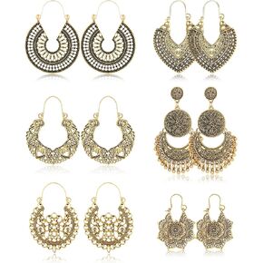 Florideco 6 Pairs Vintage Bohemian Drop Dangle Earrings Boho National Style Hollow Petal Heart Shaped Beaded Statement Earrings for Women Girls Hypoallergenic Gold Jewelry