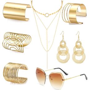 Jewdreamer 7 قطع ديسكو إكسسوارات مجموعة مجوهرات للنساء بدون إطار قطع الماس النظارات الشمسية الكفة الذهبية الإسورة الطبقات المختنق قلادة ديسكو الأقراط in Kuwait