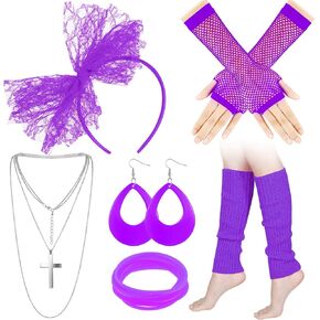 Blulu 6 Pcs 80s Accessories for Women Fancy Costume Dress Neon Lace Headband Earrings Fishnet Gloves Necklace Bracelet Leg Warmers Retro Party in Saudi Arabia