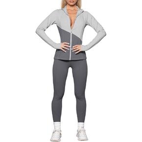 Herseas Womens 2 Piece Workout Sets Color Block Fitness Gray Gym Set Long Sleeve with Thumb Holes Jacket Tights Leggings Medium in Saudi Arabia