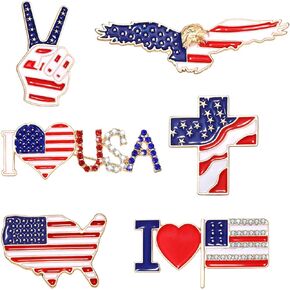 American Flag Brooches 4 th of July Patriotic Red White Blue Rhinestone USA Letter Cross Eagle Map Heart Ribbon Brooch Pin Bulk Vintage Fourth of July Celebrate Independence Day Lapel Pins for Women Men