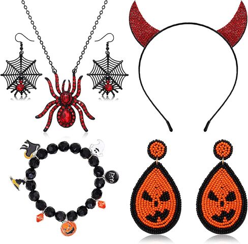 PHALIN Halloween Earrings Necklace Bracelet Set for Women Boo Dangle Earrings Pumpkin Pendant Necklaces Beaded Stretch Bracelet Halloween Costume Jewelry Set Gifts in Kuwait