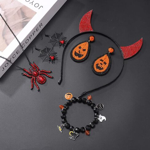 PHALIN Halloween Earrings Necklace Bracelet Set for Women Boo Dangle Earrings Pumpkin Pendant Necklaces Beaded Stretch Bracelet Halloween Costume Jewelry Set Gifts in Kuwait