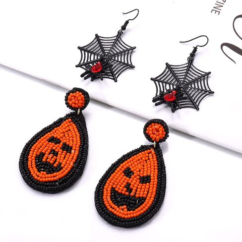 PHALIN Halloween Earrings Necklace Bracelet Set for Women Boo Dangle Earrings Pumpkin Pendant Necklaces Beaded Stretch Bracelet Halloween Costume Jewelry Set Gifts in Kuwait