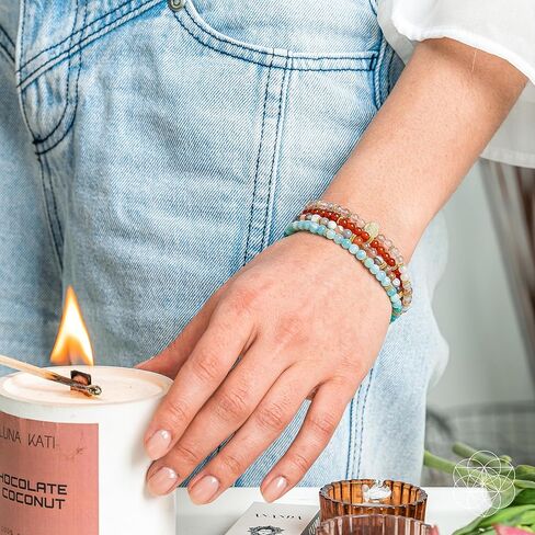 عناصر واعية - مجموعة أساور مكونة من 4 - أساور من الحجر الطبيعي للنساء والرجال - أساور خرز للنساء - أساور روحية للنساء - أساور مكدسة للنساء - أساور ممتدة للنساء in Kuwait