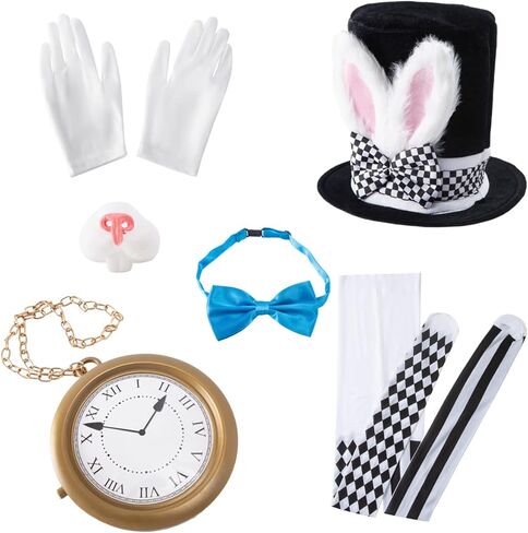 قبعة رأس على شكل أرنب أبيض زي أرنب عيد الفصح أرنب الأنف جوارب الأرنب الأزرق ربطة عنق قفازات الأرنب زي الملحقات 6 قطع in Kuwait