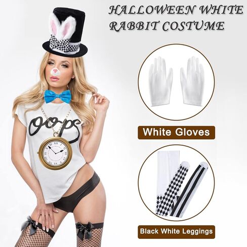 قبعة رأس على شكل أرنب أبيض زي أرنب عيد الفصح أرنب الأنف جوارب الأرنب الأزرق ربطة عنق قفازات الأرنب زي الملحقات 6 قطع in Kuwait