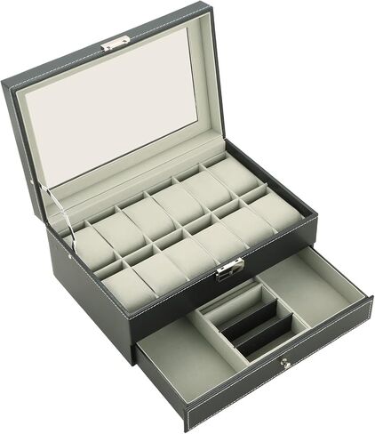 ميايل حافظة ساعات من 12 فتحة مع درج منظم مجوهرات للنساء والرجال، صندوق جمع الساعات من جلد البولي يوريثين مع غطاء زجاجي ووسائد قابلة للازالة، صندوق منظم ساعات بطبقتين للتخزين والعرض in Kuwait