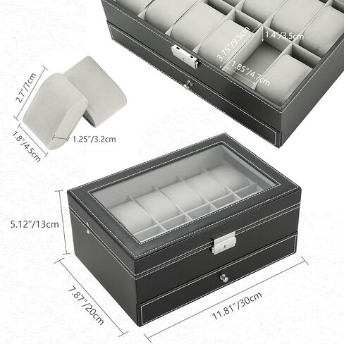 ميايل حافظة ساعات من 12 فتحة مع درج منظم مجوهرات للنساء والرجال، صندوق جمع الساعات من جلد البولي يوريثين مع غطاء زجاجي ووسائد قابلة للازالة، صندوق منظم ساعات بطبقتين للتخزين والعرض in Kuwait