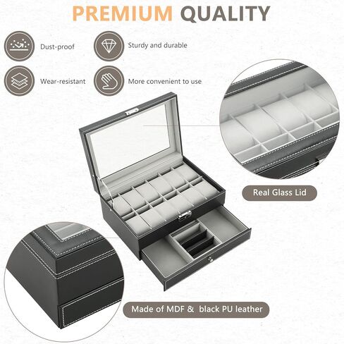 ميايل حافظة ساعات من 12 فتحة مع درج منظم مجوهرات للنساء والرجال، صندوق جمع الساعات من جلد البولي يوريثين مع غطاء زجاجي ووسائد قابلة للازالة، صندوق منظم ساعات بطبقتين للتخزين والعرض in Kuwait