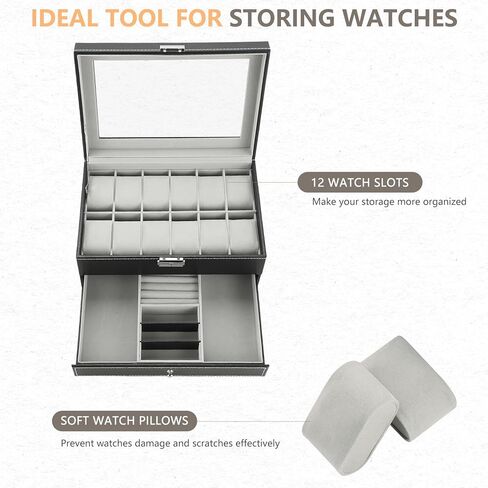 ميايل حافظة ساعات من 12 فتحة مع درج منظم مجوهرات للنساء والرجال، صندوق جمع الساعات من جلد البولي يوريثين مع غطاء زجاجي ووسائد قابلة للازالة، صندوق منظم ساعات بطبقتين للتخزين والعرض in Kuwait