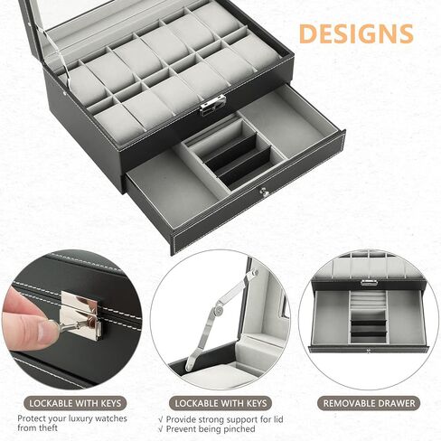 ميايل حافظة ساعات من 12 فتحة مع درج منظم مجوهرات للنساء والرجال، صندوق جمع الساعات من جلد البولي يوريثين مع غطاء زجاجي ووسائد قابلة للازالة، صندوق منظم ساعات بطبقتين للتخزين والعرض in Kuwait