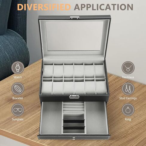 ميايل حافظة ساعات من 12 فتحة مع درج منظم مجوهرات للنساء والرجال، صندوق جمع الساعات من جلد البولي يوريثين مع غطاء زجاجي ووسائد قابلة للازالة، صندوق منظم ساعات بطبقتين للتخزين والعرض in Kuwait