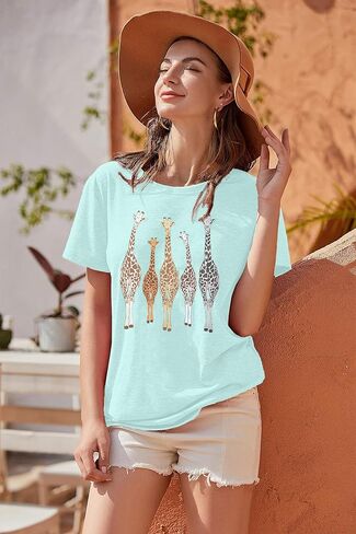 Womens Summer Giraffe T Shirt Funny Animal Graphic Tees Casual Short Sleeve Summer Cute Giraffe Printed T-Shirt Tops in Kuwait