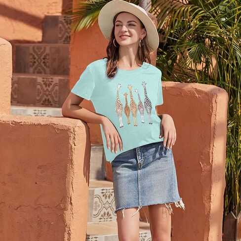 Womens Summer Giraffe T Shirt Funny Animal Graphic Tees Casual Short Sleeve Summer Cute Giraffe Printed T-Shirt Tops in Kuwait