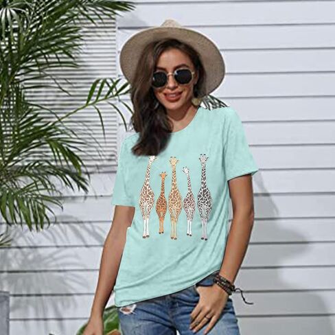 Womens Summer Giraffe T Shirt Funny Animal Graphic Tees Casual Short Sleeve Summer Cute Giraffe Printed T-Shirt Tops in Kuwait
