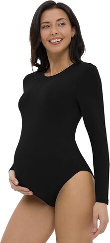V VOCNI Maternity Bodysuit Long Sleeve Crewneck Slim Fit Body Suit | Butter Soft, Basic Maternity T Shirt, Photoshoot Bodysuit, Work Travel Casual Wear, Fall Spring Winter Layering Clothing in Saudi Arabia