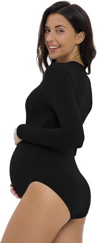 V VOCNI Maternity Bodysuit Long Sleeve Crewneck Slim Fit Body Suit | Butter Soft, Basic Maternity T Shirt, Photoshoot Bodysuit, Work Travel Casual Wear, Fall Spring Winter Layering Clothing in Saudi Arabia