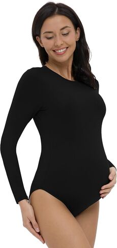 V VOCNI Maternity Bodysuit Long Sleeve Crewneck Slim Fit Body Suit | Butter Soft, Basic Maternity T Shirt, Photoshoot Bodysuit, Work Travel Casual Wear, Fall Spring Winter Layering Clothing in Saudi Arabia