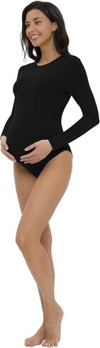 V VOCNI Maternity Bodysuit Long Sleeve Crewneck Slim Fit Body Suit | Butter Soft, Basic Maternity T Shirt, Photoshoot Bodysuit, Work Travel Casual Wear, Fall Spring Winter Layering Clothing in Saudi Arabia