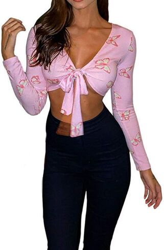 Women's Sexy Long Sleeve Tie Up Crop Top Feather Trim Deep V Neck Basic Tight Shirt Faux Fur Blouse in Kuwait