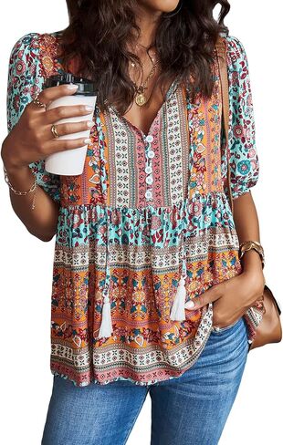 Floerns Women's Boho Color Block Tie Neck Puff Sleeve Peplum Blouse Top in Saudi Arabia