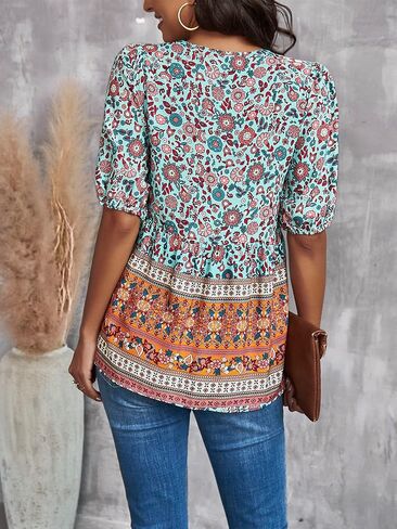 Floerns Women's Boho Color Block Tie Neck Puff Sleeve Peplum Blouse Top in Saudi Arabia