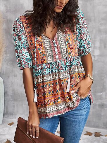 Floerns Women's Boho Color Block Tie Neck Puff Sleeve Peplum Blouse Top in Saudi Arabia